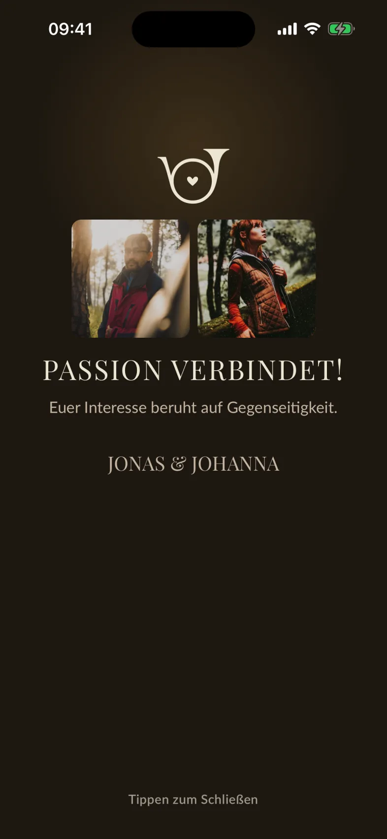Die bildschirmfüllende Anzeige „Passion verbindet!“ mit beiden Profilbildern