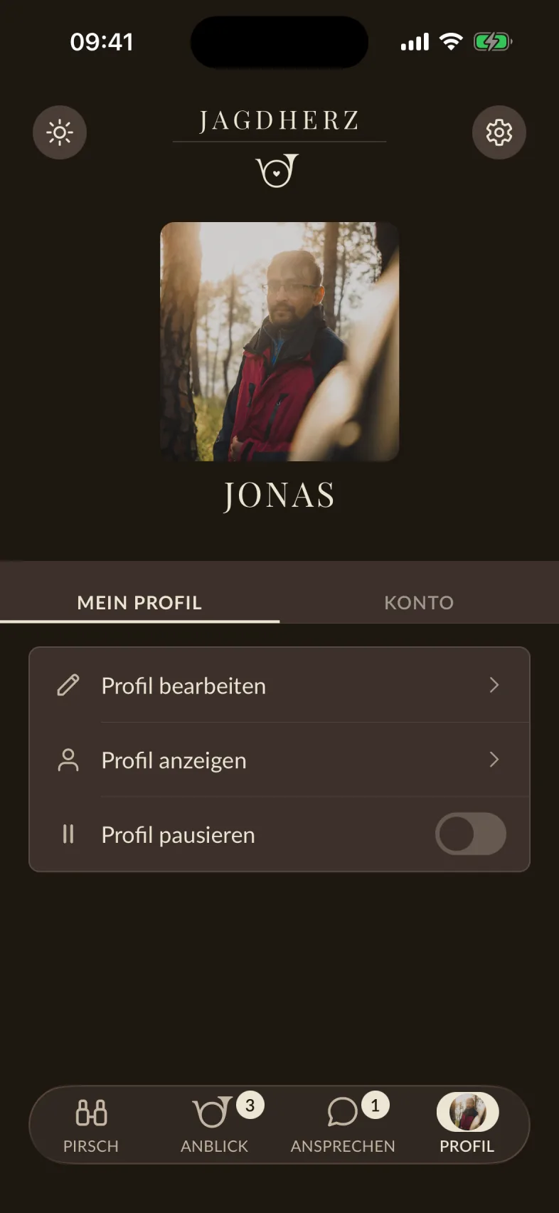 Der eigene Bereich mit Profilbild, den Reitern „Mein Profil“ und „Konto“ und dem Schalter für die Ansicht
