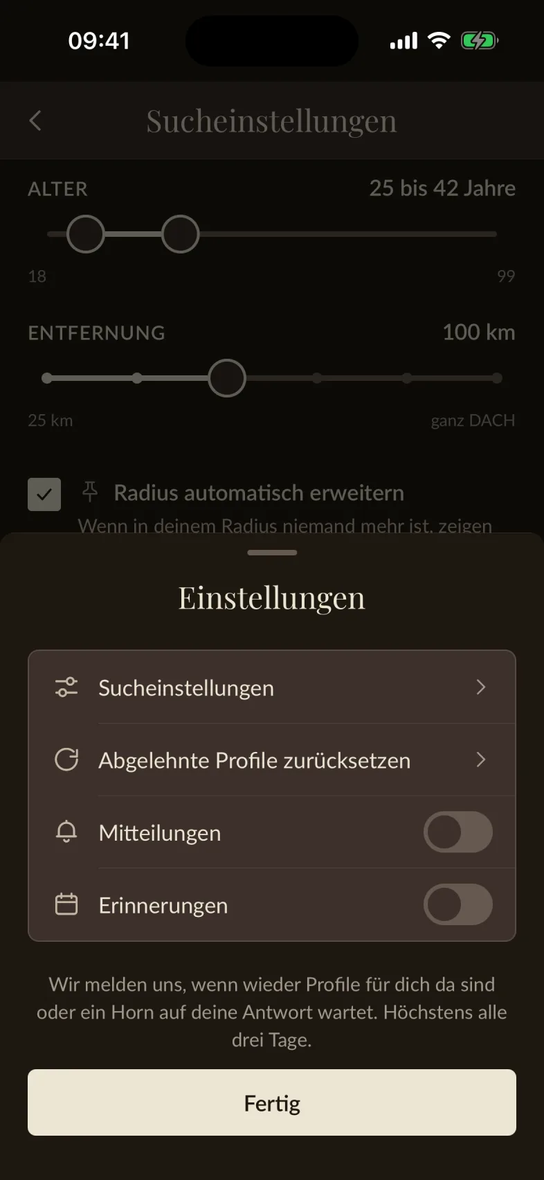 Die Sucheinstellungen mit Altersbereich und Entfernungs-Regler