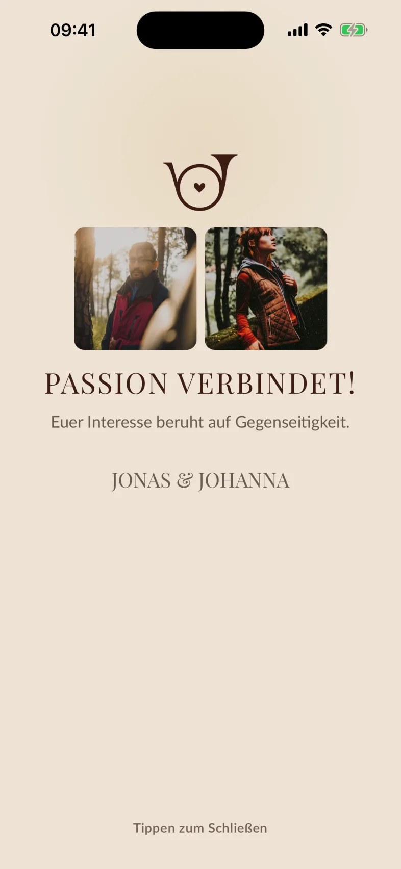 Die bildschirmfüllende Anzeige „Passion verbindet!“ mit beiden Profilbildern