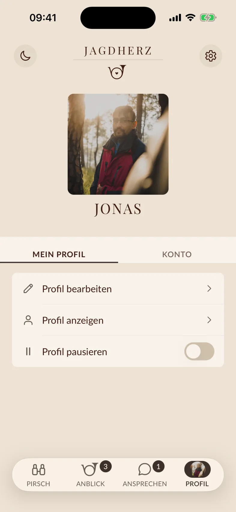 Der eigene Bereich mit Profilbild, den Reitern „Mein Profil“ und „Konto“ und dem Schalter für die Ansicht