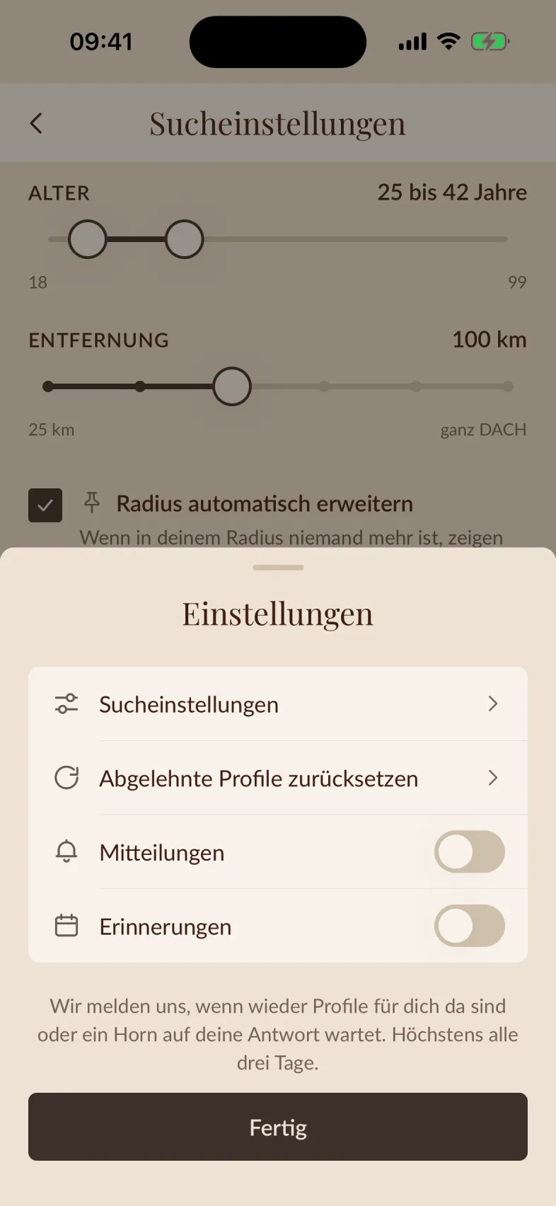 Die Sucheinstellungen mit Altersbereich und Entfernungs-Regler